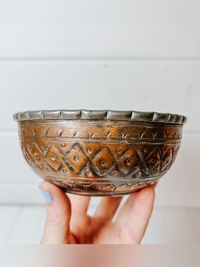 Vintage Etched Tinned Copper Bowl | Stamped Bottom